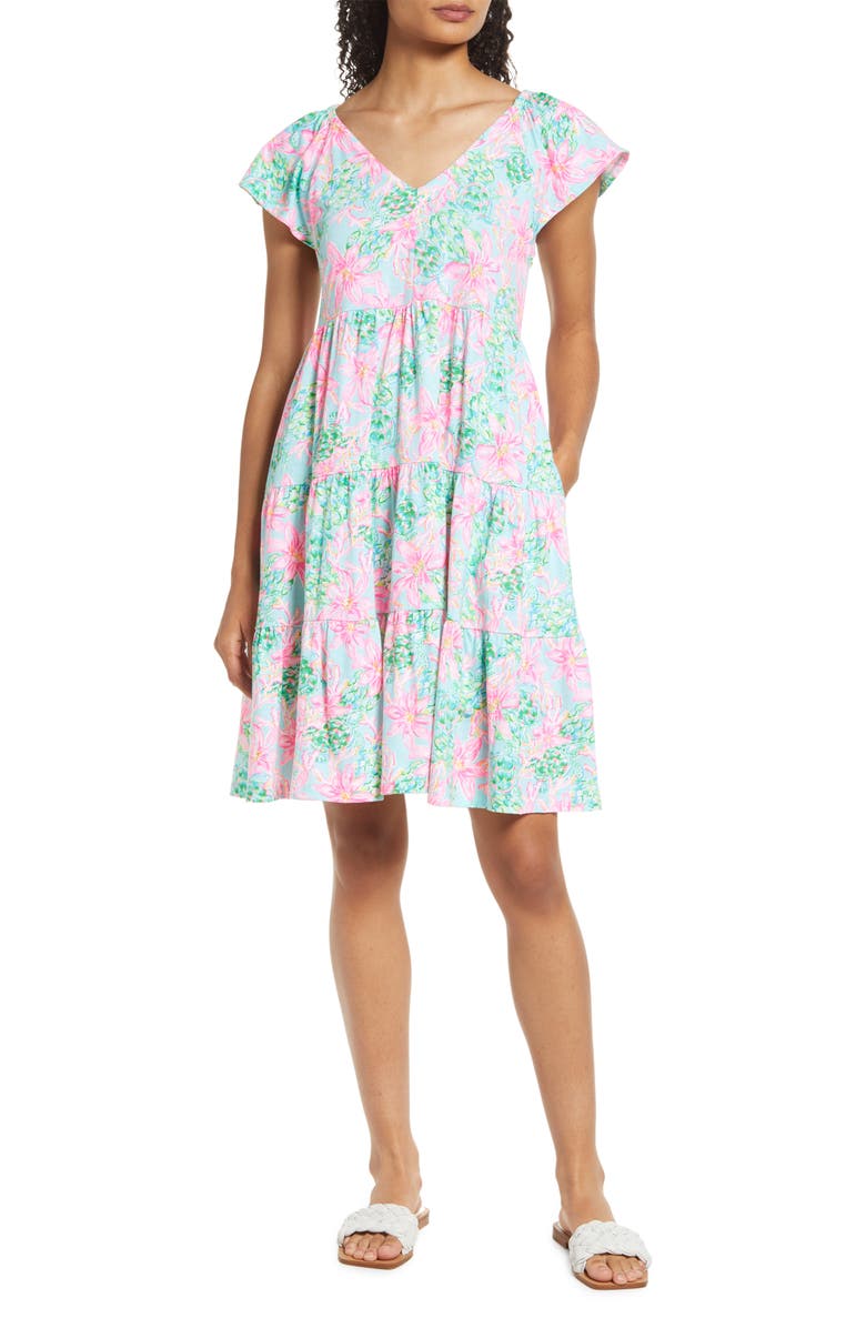 Lilly Pulitzer<sup>®</sup> Kawai Floral Print Flutter Sleeve Cotton Knit Dress, Main, color, 