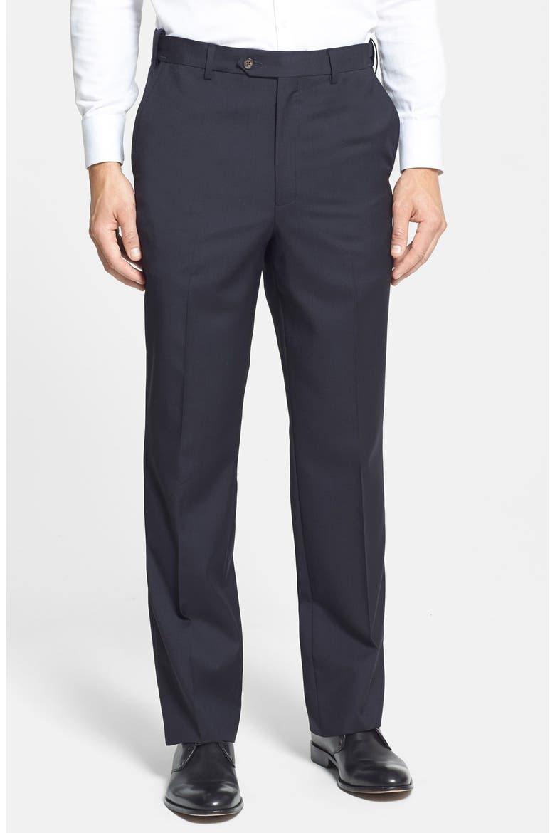 Self Sizer Waist Flat Front Lightweight Plain Weave Classic Fit Trousers, Main, color, NAVY
