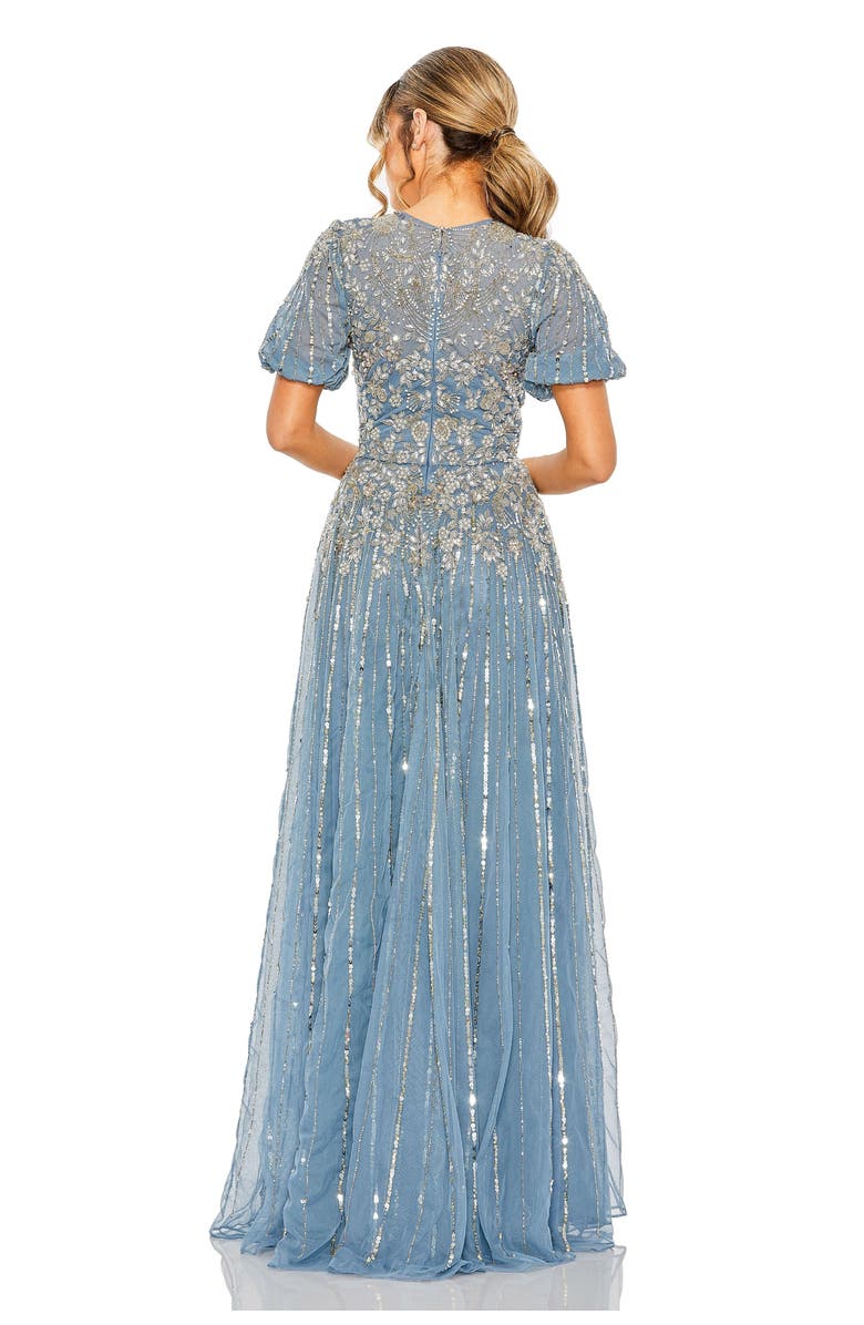 Mac Duggal High Neck Puff Sleeve Embellished A Line Gown, Alternate, color, Slate Blue