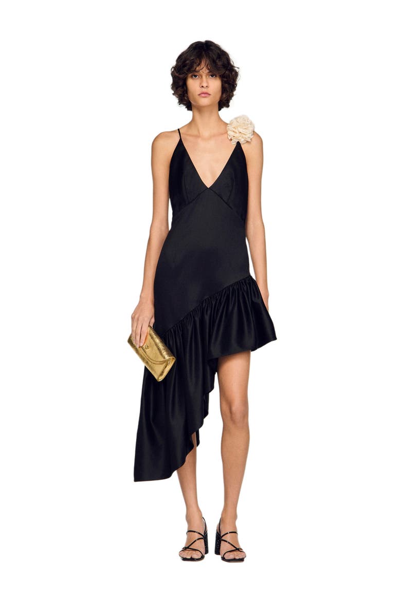 Flower detail asymmetrical ruffled dress, Alternate, color, Black