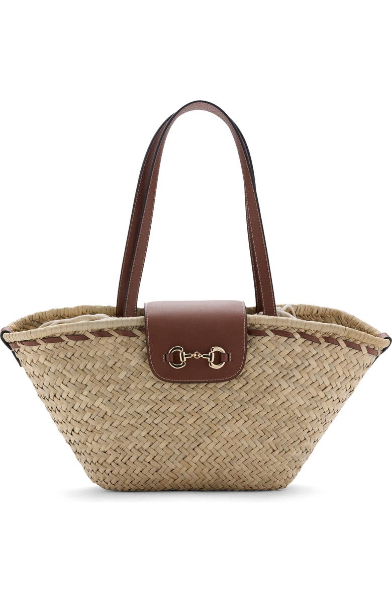 MANGO Medium Natural Fiber Shoulder Bag, Main, color, Natural/ Leather