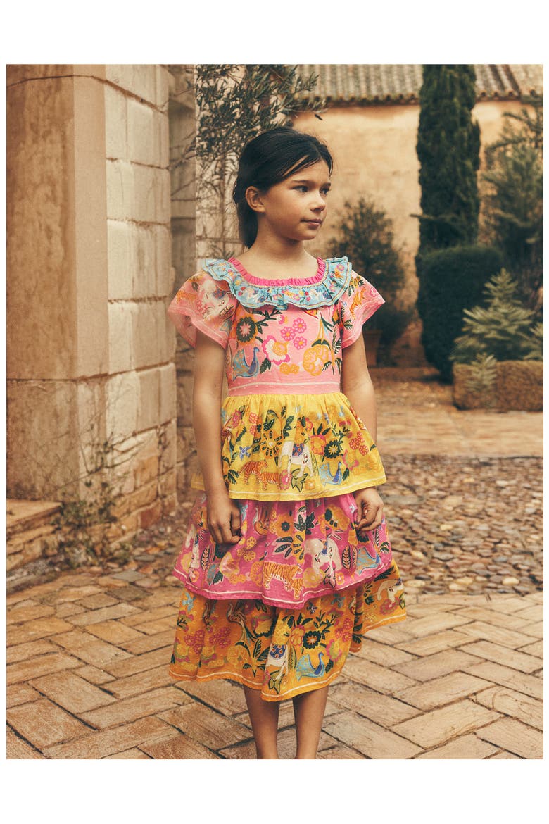 Kids' Tiered Ruffled Woven Dress, Alternate, color, SUNFLOWER YELLOW JUNGLE ANIMAL