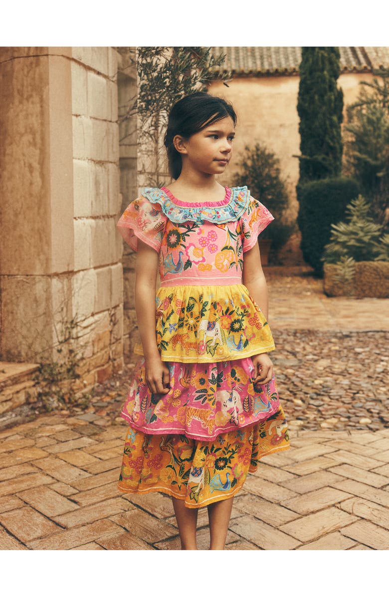 Mini Boden Kids' Tiered Ruffled Woven Dress, Alternate, color, Sunflower Yellow Jungle Animal