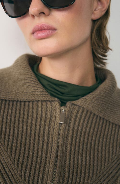 Shop Mango Demy Collar Half Zip Rib Sweater In Khaki Green