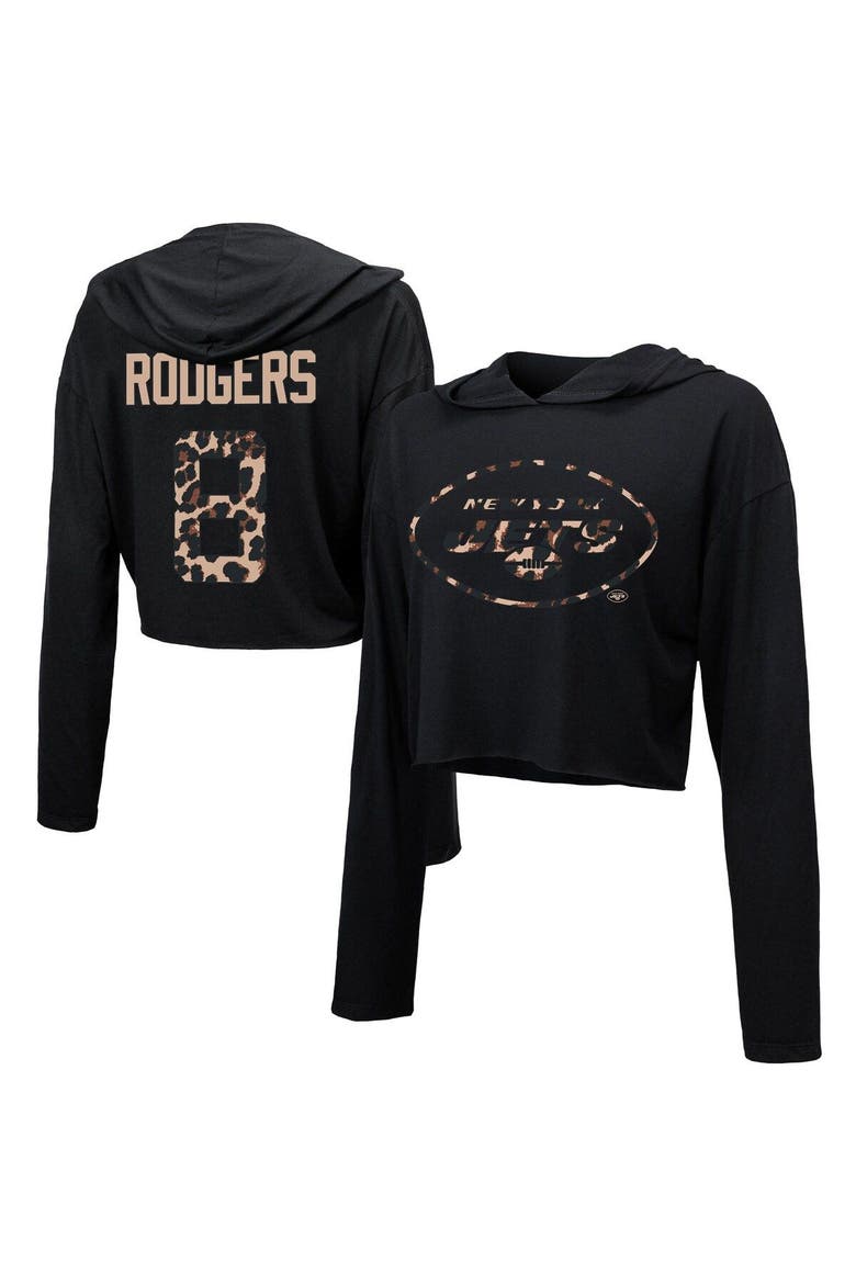 Women's Majestic Threads Aaron Rodgers Black New York Jets Leopard Player Name & Number Long Sleeve Cropped Hoodie, Main, color, Black