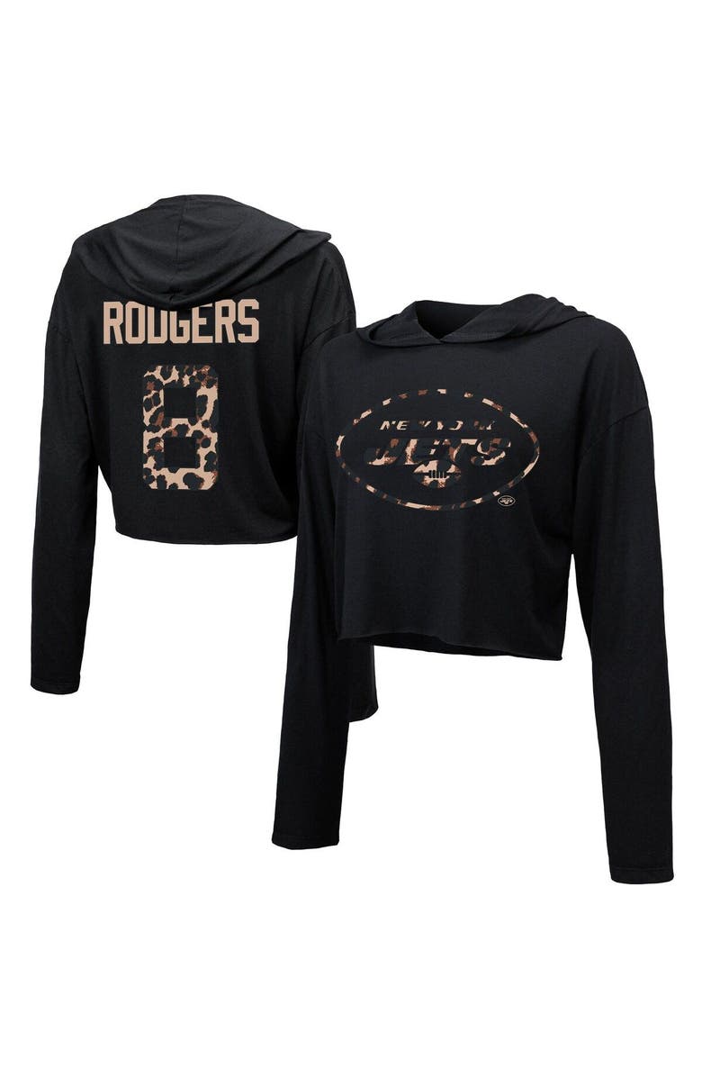 Majestic Threads Women's Majestic Threads Aaron Rodgers Black New York Jets Leopard Player Name & Number Long Sleeve Cropped Hoodie, Main, color, 