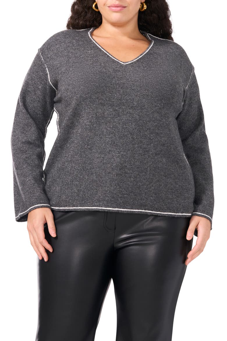 Tipped V-Neck Sweater, Main, color, MED HEATHER GREY