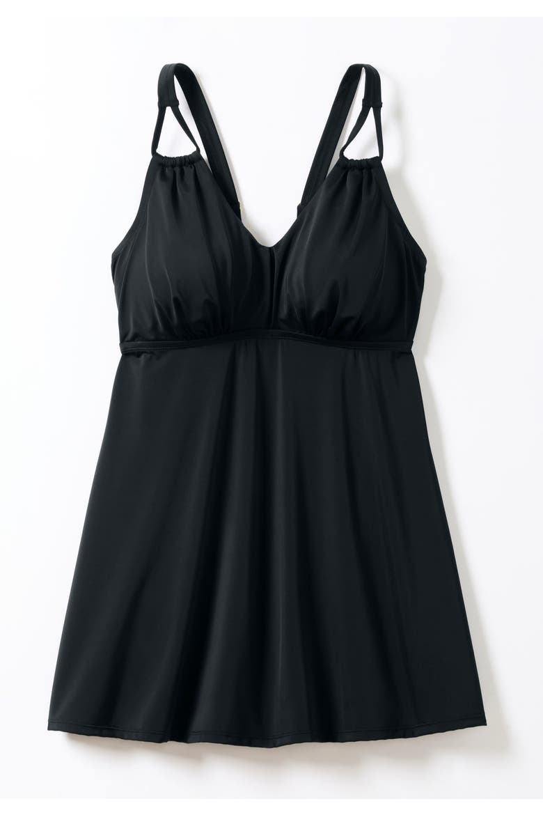 Loop Strap V Neck Tummy Control Two Piece Swim Dress, Alternate, color, BLACK