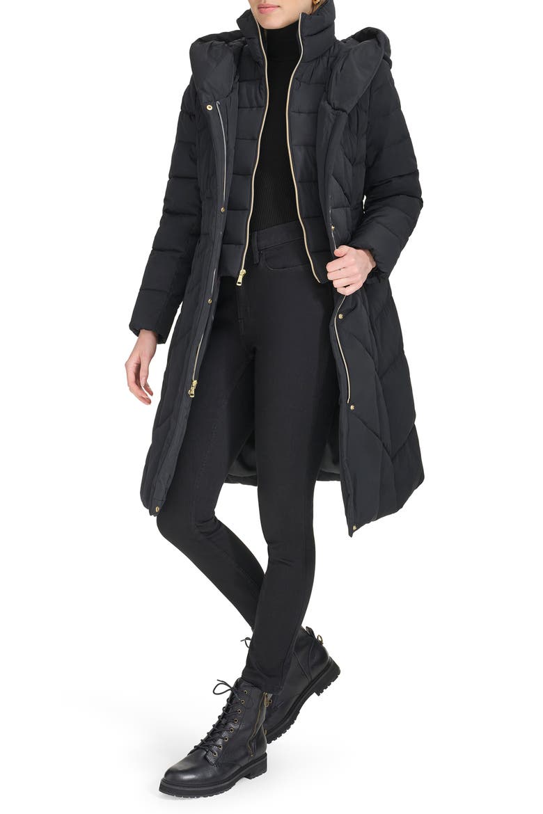 Taffeta Puffer Coat with Quilted Zip Bib, Alternate, color, BLACK