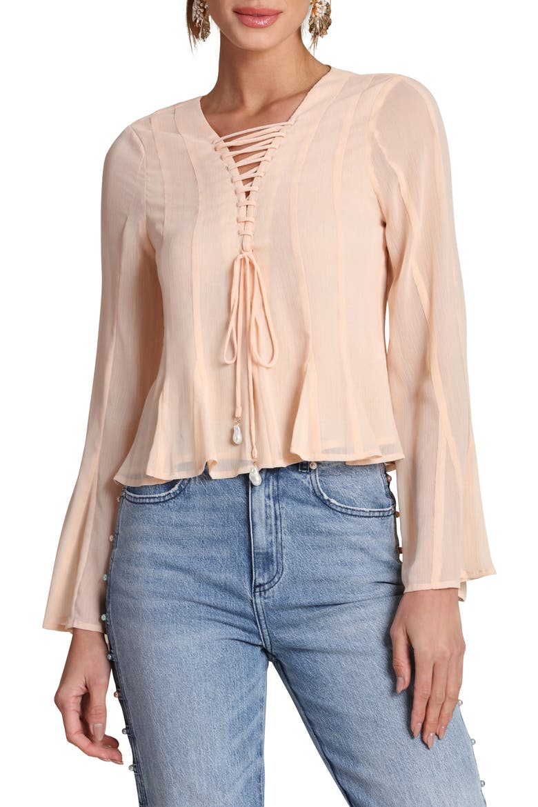 Lace-Up Front Godet Chiffon Top, Main, color, PEACH