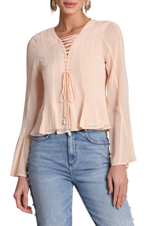 Lace-Up Front Godet Chiffon Top