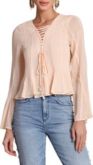 Avec Les Filles Lace-Up Front Godet Chiffon Top