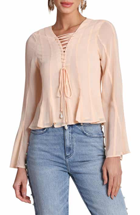 Lace-Up Front Godet Chiffon Top