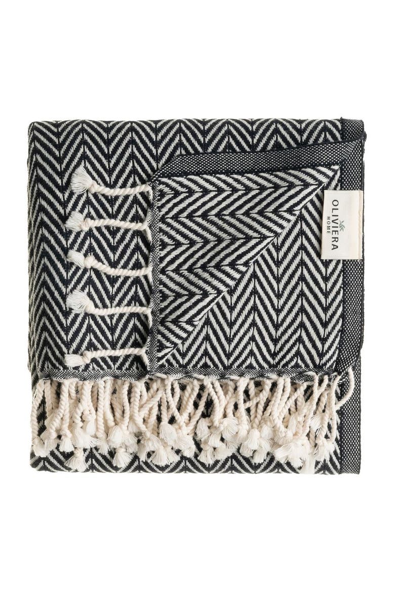 Herringbone Turkish Cotton Bath Towel, Alternate, color, Black