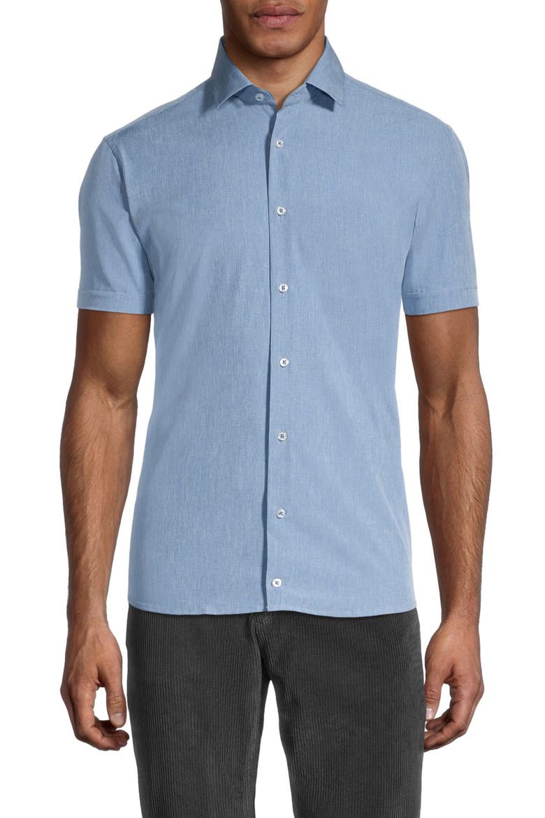 Microfiber Stretch Short Sleeve Button-Down Shirt, Main, color, LIGHT BLUE