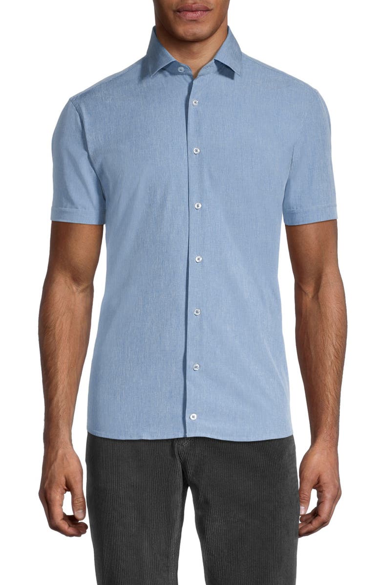 SOUL OF LONDON Microfiber Stretch Short Sleeve Button-Down Shirt, Main, color, Light Blue