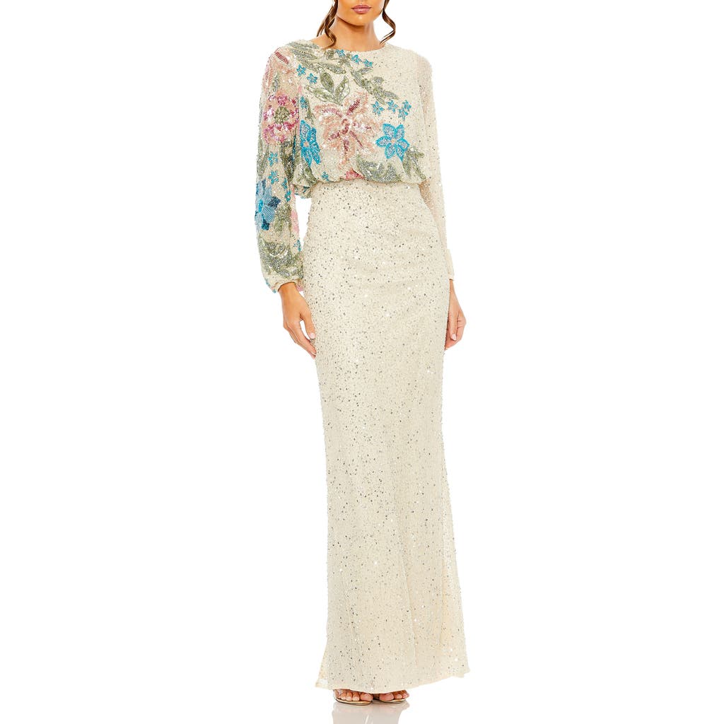 Mac Duggal Embellished Multi Color Floral High Neck Gown In Nude Multi