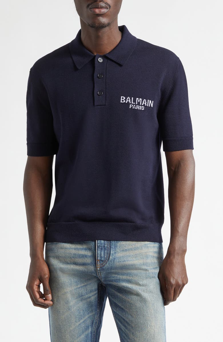 Balmain Paris Intarsia Merino Wool Polo, Main, color, Navy/ Natural