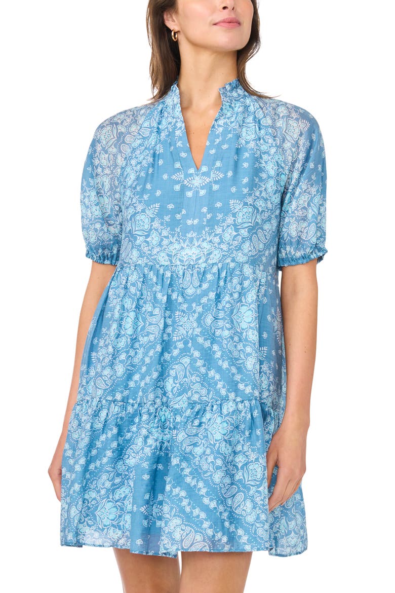 Tiered Split Neck Dress, Alternate, color, BLUE MULTI