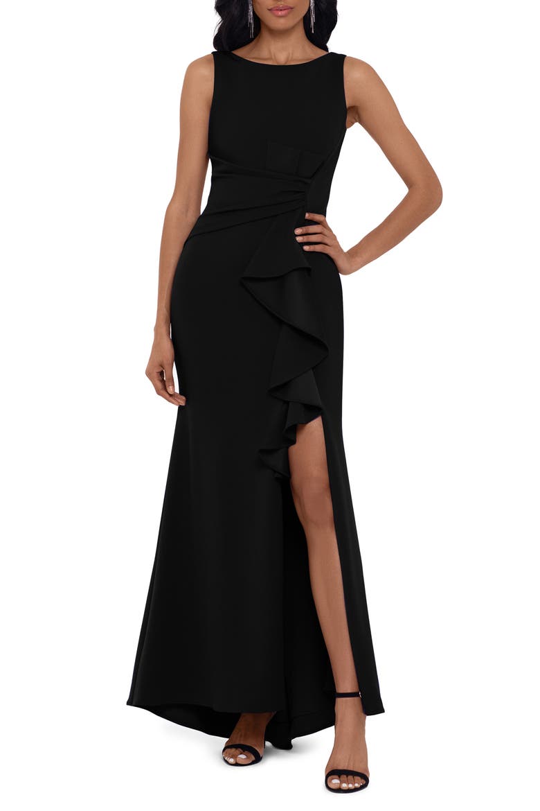 Ruffle Bow Trumpet Gown, Alternate, color, BLACK