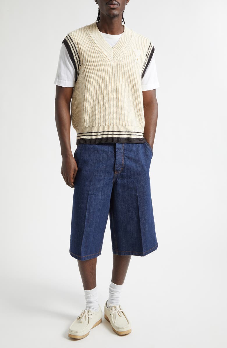 AMI PARIS Ami de Coeur Rib Wool & Cotton V-Neck Sweater Vest, Alternate, color, Blanc Creme