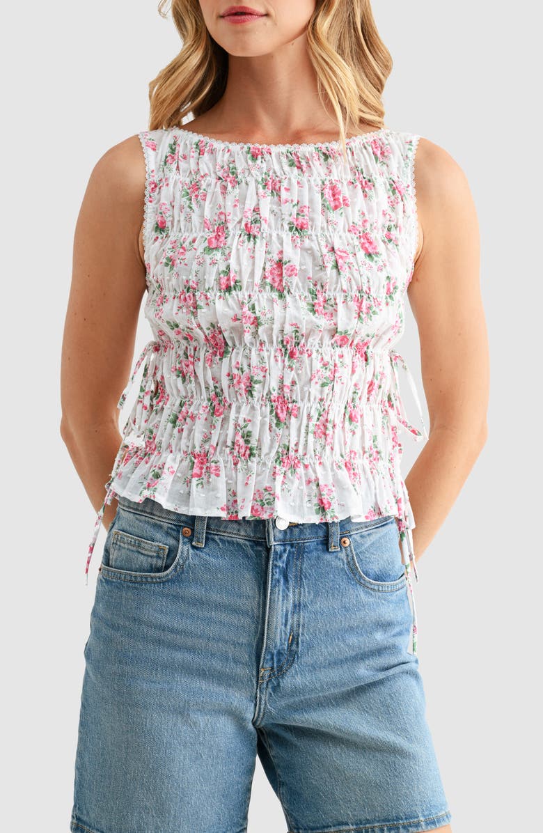 All in Favor Floral Smocked Side Tie Cotton Tank, Main, color, Pink Floral