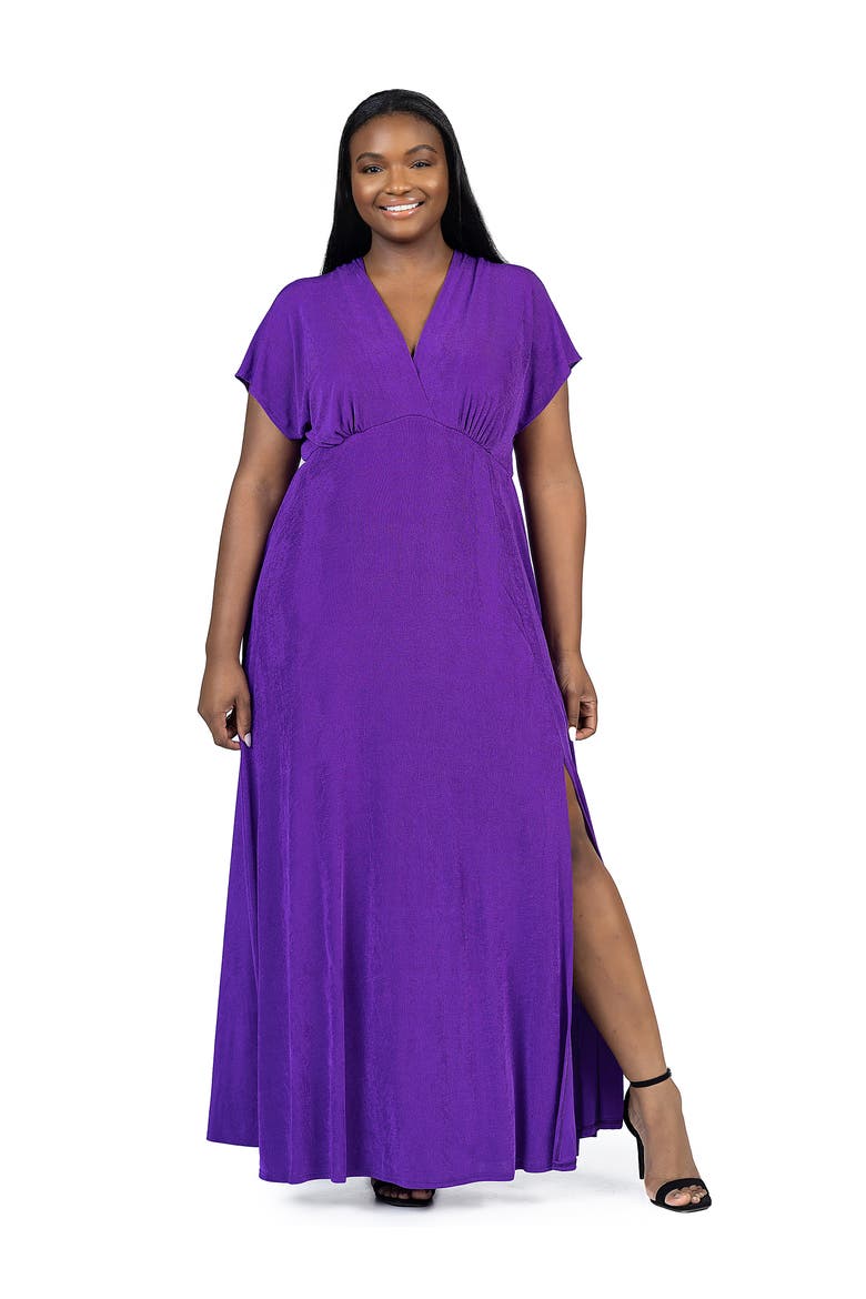 Plus Size  Flutter Sleeve Metallic Knit Maxi Dress Front Slit Empire Waist, Main, color, Purple