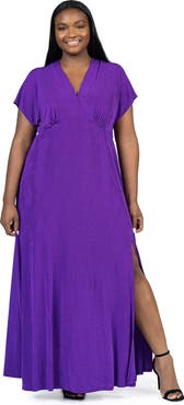 24seven Comfort Apparel Plus Size  Flutter Sleeve Metallic Knit Maxi Dress Front Slit Empire Waist