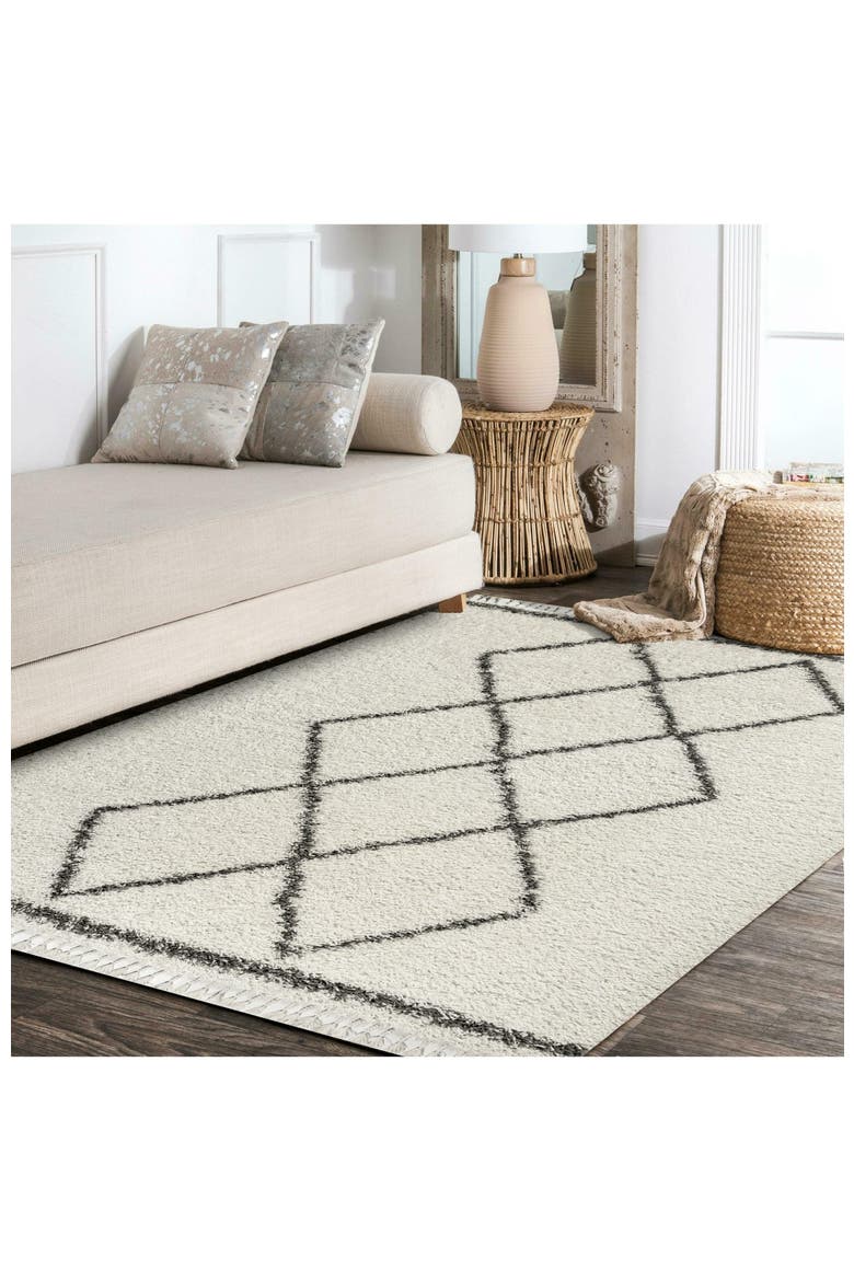 Mercer Shag Plush Tassel Moroccan  Geometric Trellis Denim Area Rug, Alternate, color, Cream/Gray