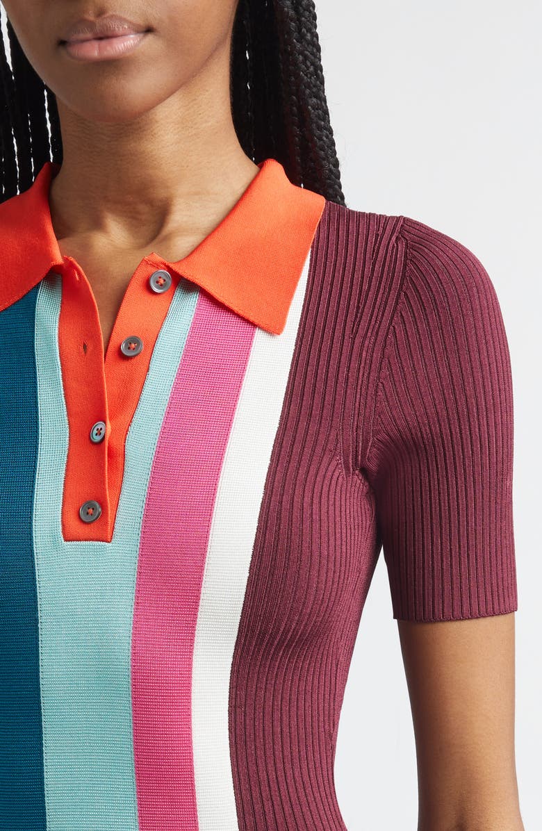 Christopher John Rogers Bowling Colorblock Stripe Rib Polo Sweater Dress, Alternate, color, Sage Multi