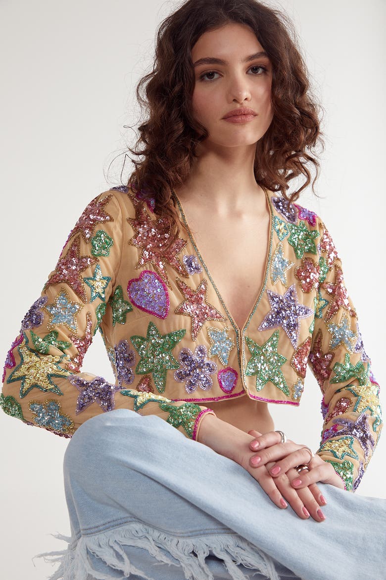 Star And Heart Embellished Crop Jacket, Main, color, Nude