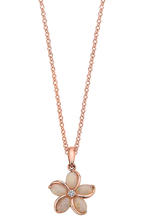 14K Rose Gold Opal & Diamond Flower Pendant Necklace