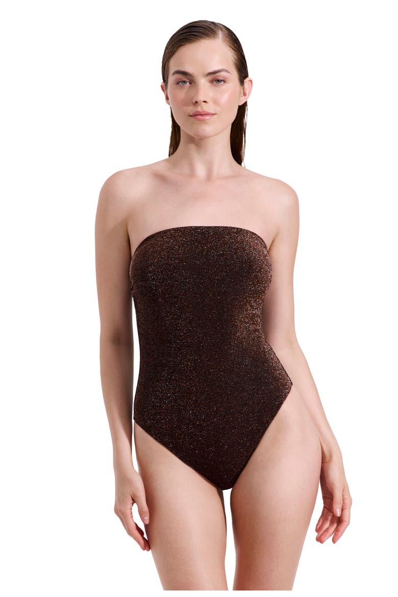 Luna Textured Shimmer Bandeau One Piece, Main, color, Brown