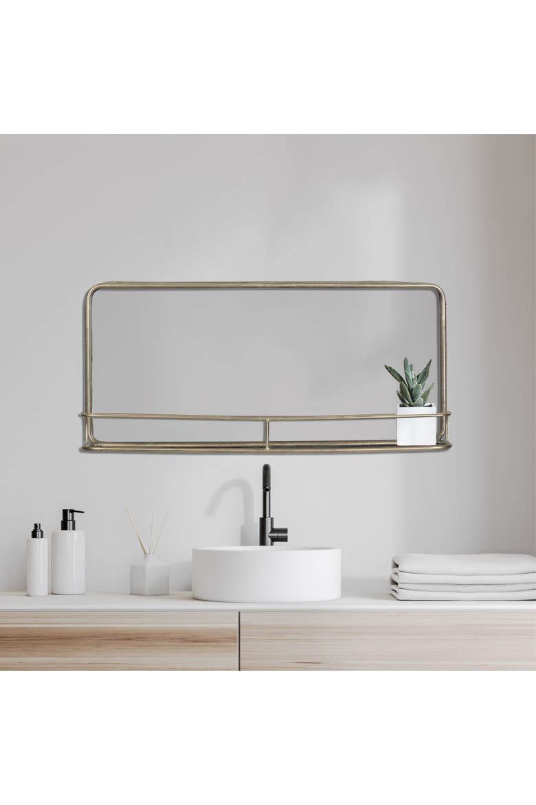 Wide Metal Framed Wall Mirror with Shelf, Brass, Alternate, color, Brass