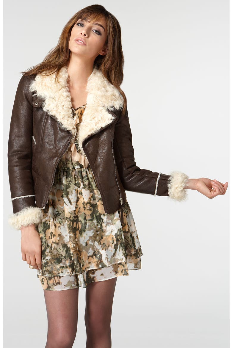 'Dree' Faux Leather Jacket with Genuine Shearling Cuffs & Collar, Main, color, BROWN
