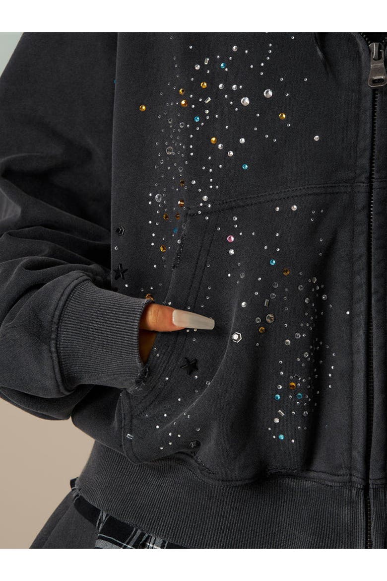 Rhinestone Zip Up V302 Hoodie, Alternate, color, Black