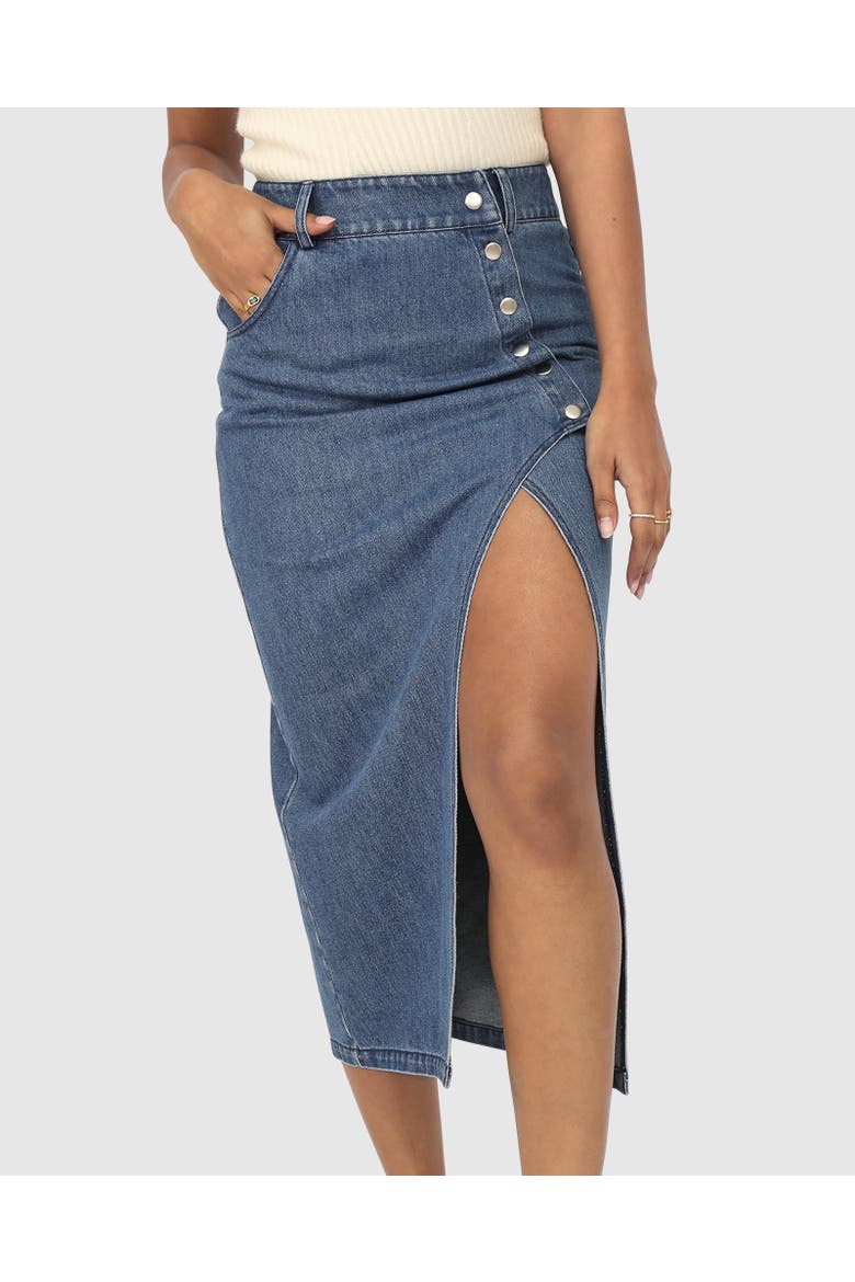 Can't Forget You Denim Midi Skirt, Alternate, color, Mid Wash