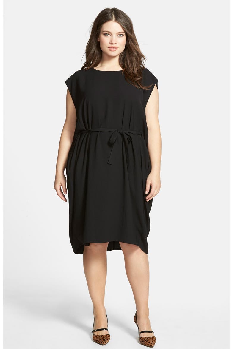 Belted Cap Sleeve Shift Dress, Alternate, color, BLACK