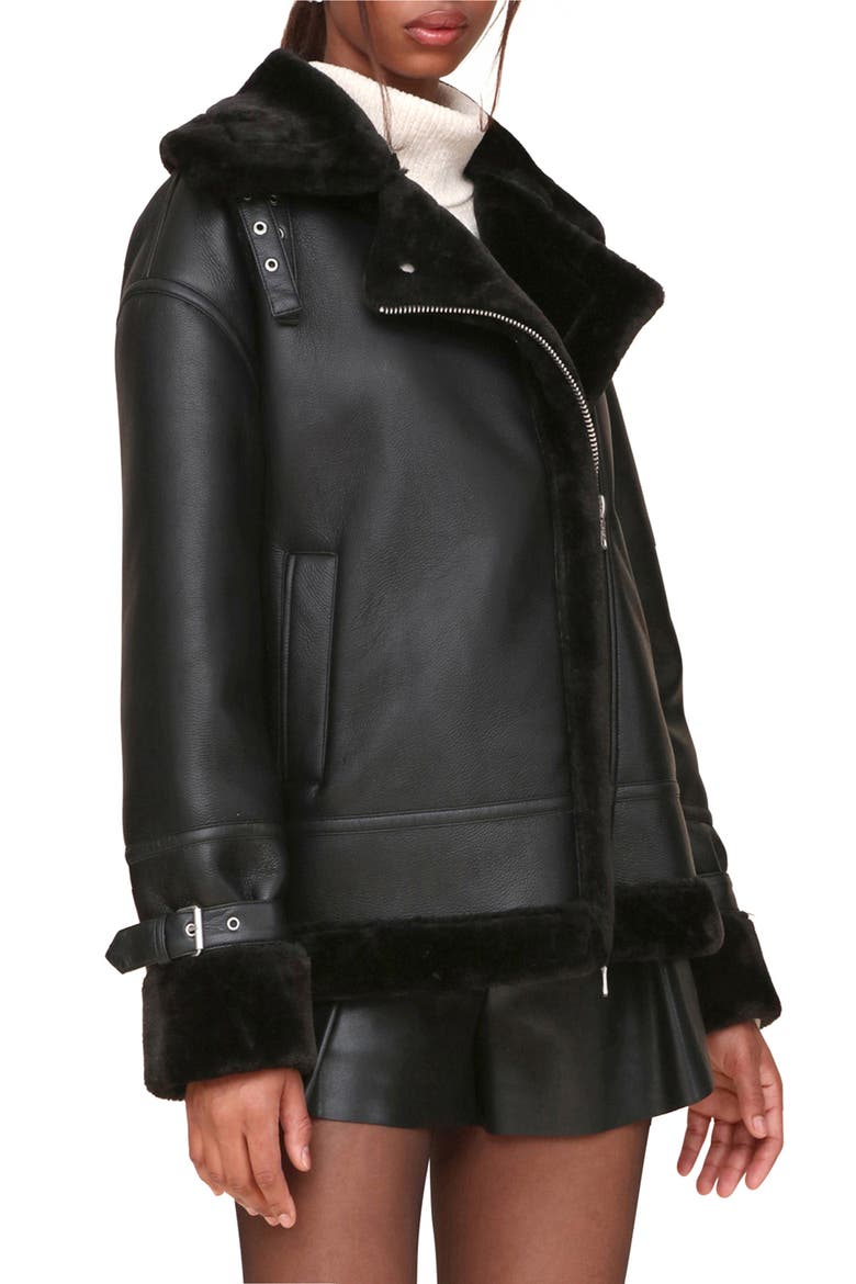 Oversize Faux Shearling Moto Jacket, Alternate, color, BLACK