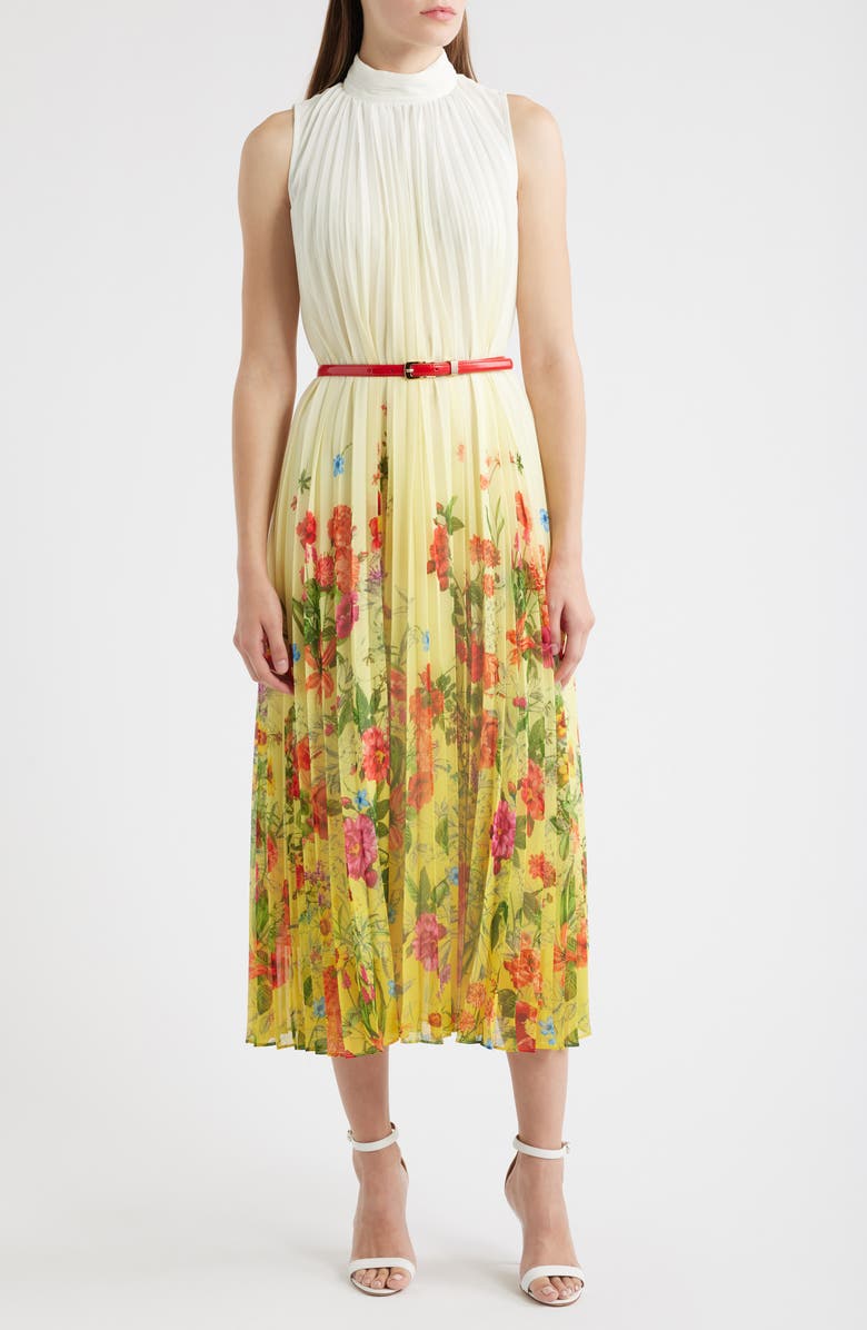 Elie Tahari The Reilley Belted Sunshine Floral Sleeveless Pleated Dress, Main, color,