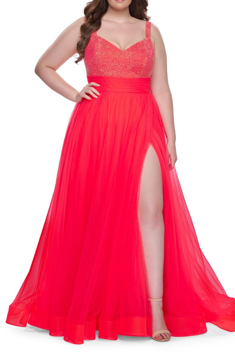 A-Line Plus Size Prom Dress with Rhinestone Bodice, Main, color, Hot Coral