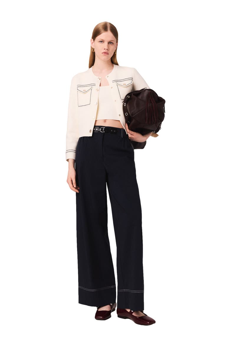 Topstitched cropped cardigan, Main, color, Ecru