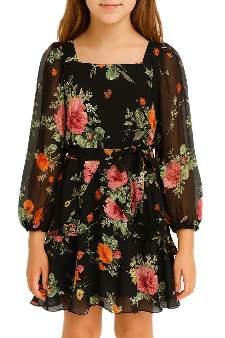Kids' Floral Chiffon Dress, Alternate, color, BLACK/ ROSE/ ORANGE