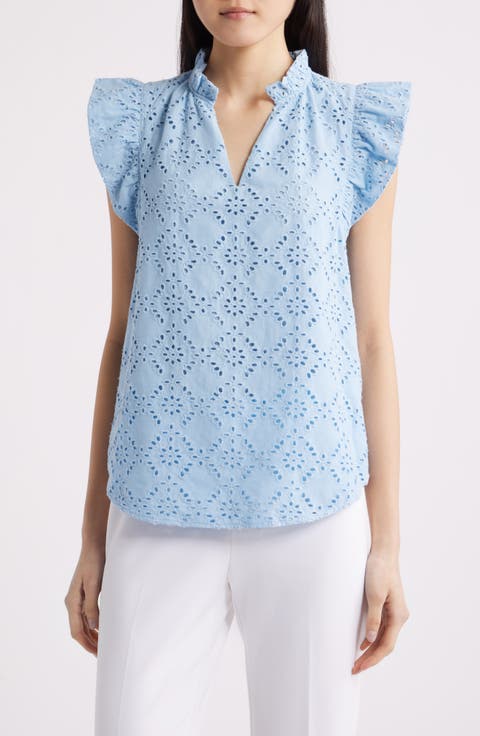 Anne Klein Embroidered Cotton Eyelet Top (Regular & Petite)
