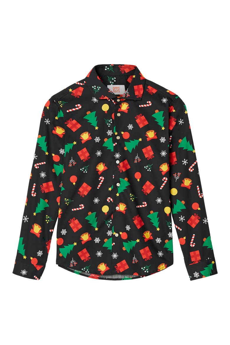 Kids' Christmas Icons Black Long Sleeve Dress Shirt, Main, color, BLACK