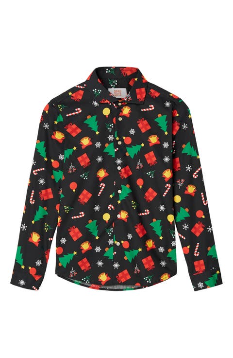 Kids' Christmas Icons Black Long Sleeve Dress Shirt