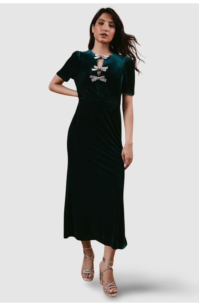 Oasis Occasion Velvet Bow Midaxi Dress, Main, color, Emerald