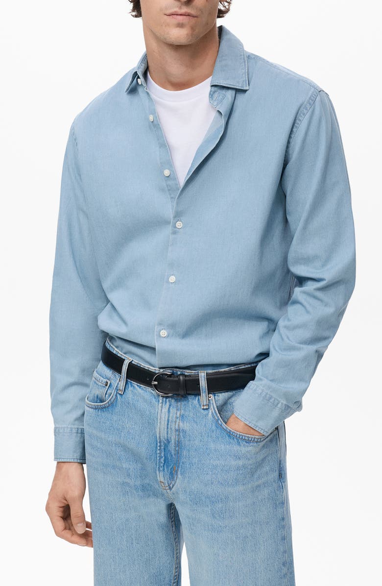 MANGO Cotton Chambray Button-Up Shirt, Main, color, Light Blue
