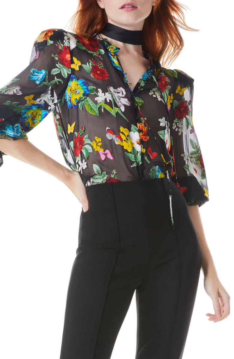 Alice + Olivia Julius Floral Print Tie Sleeve Blouse, Alternate, color,