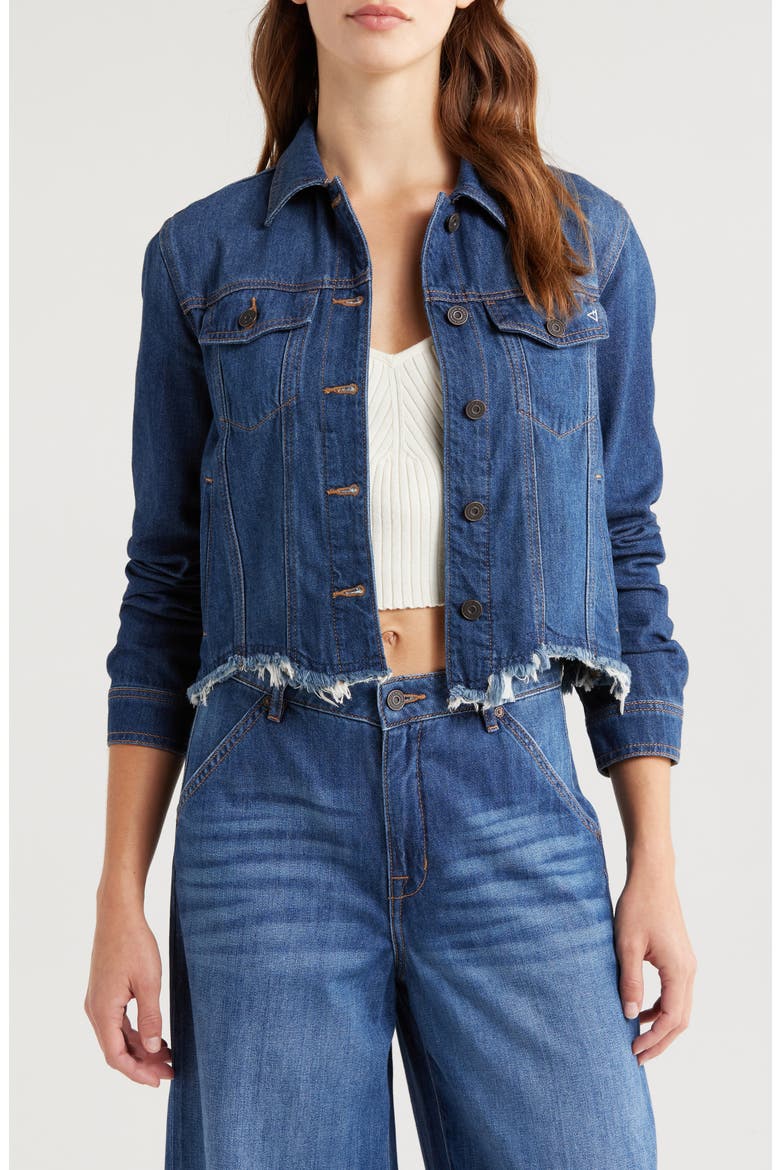 Frayed Denim Crop Jacket, Main, color, DARK WASH